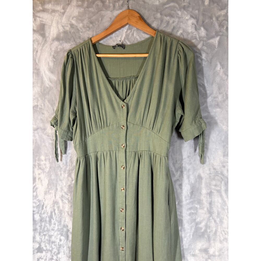 &Merci Sage Green Linen Midi Button Front Peasant Dress Large Fit Flare Casual - Picture 5 of 14